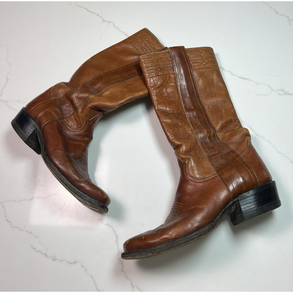 Vintage Tony Lama Brown Leather‎ Boots Gold Label 9.5E Side Zip